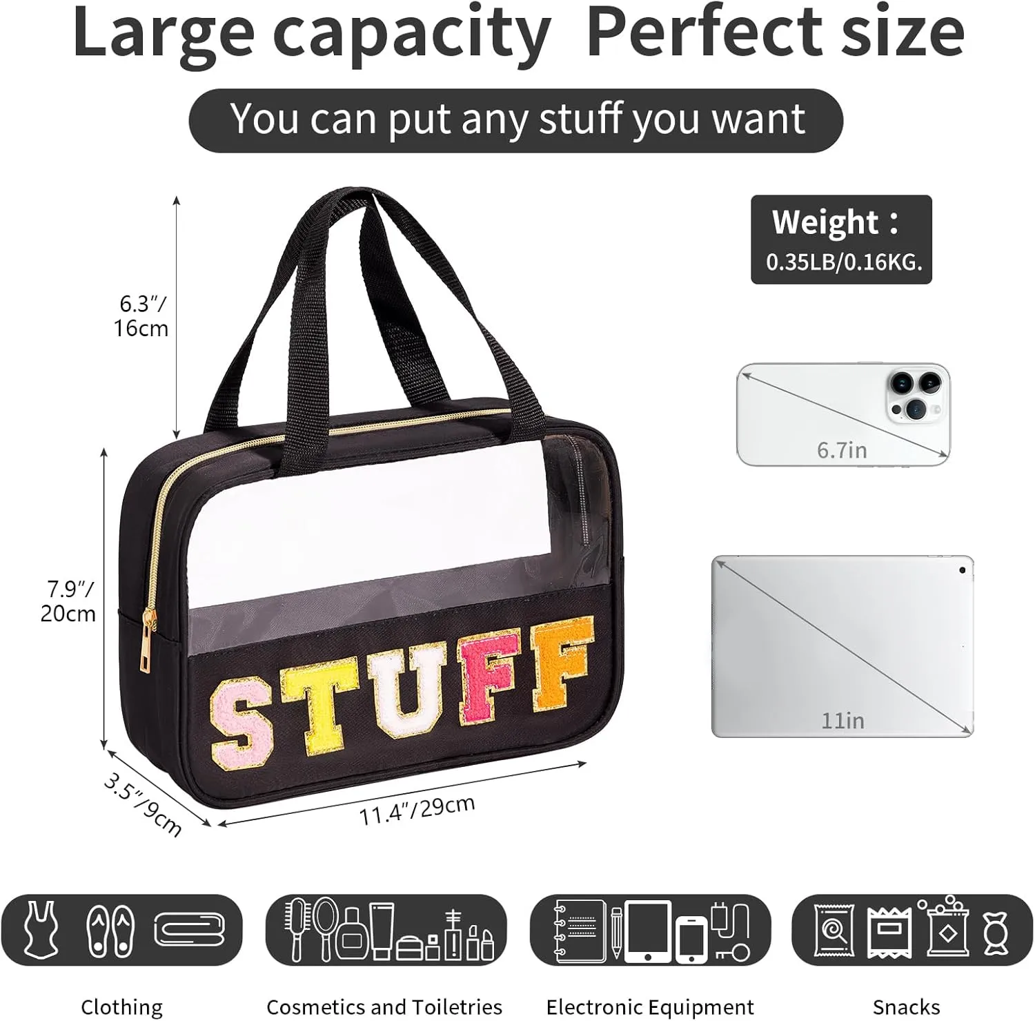 eurovicky Chenille Letter Patch Clear Makeup Bag, Preppy Nylon Makeup Bag with Handle and Zipper, Waterproof Large Clear Travel Toiletry Bag Storage Bag for Women (Elegant Black-STUFF)