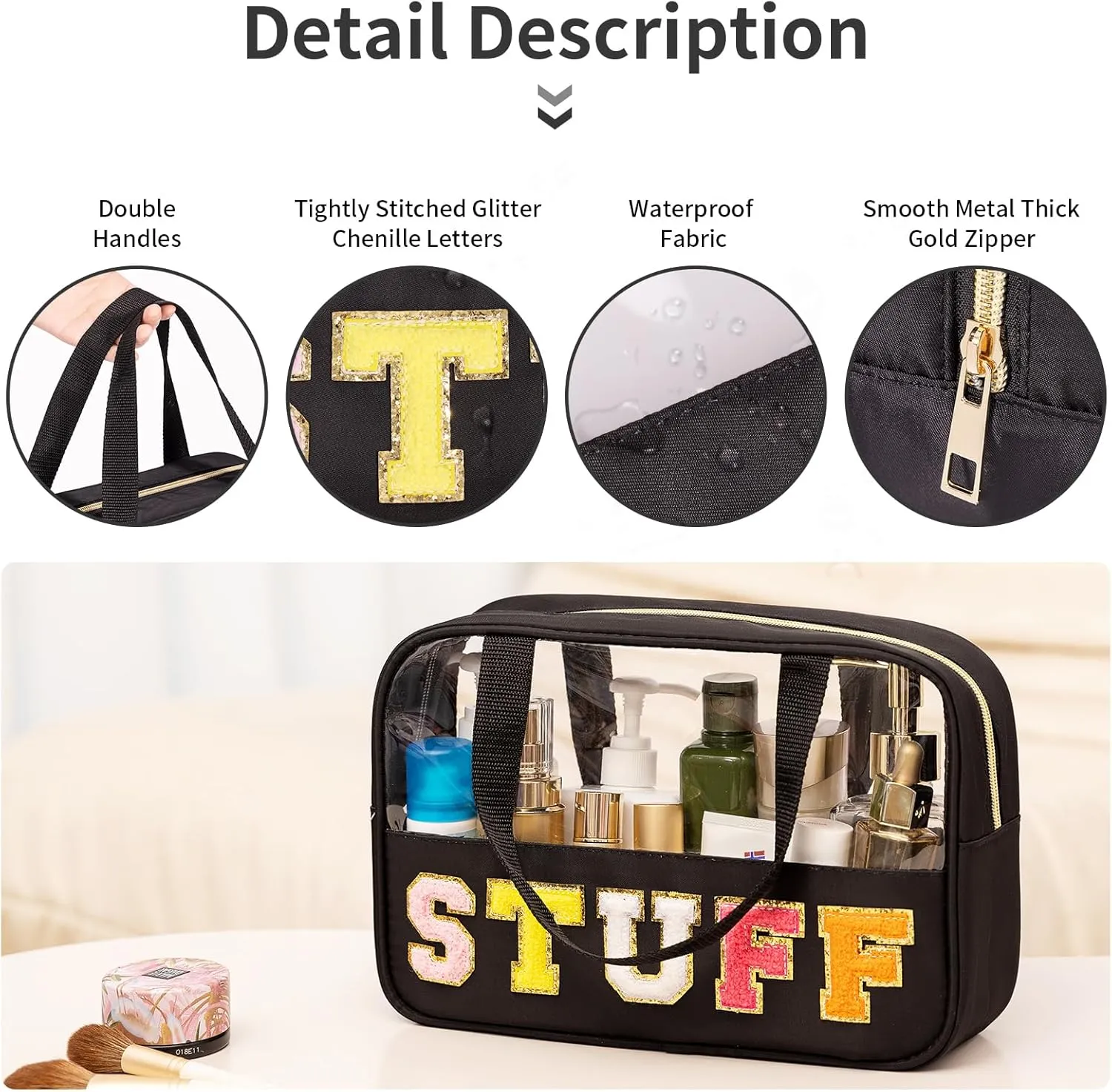 eurovicky Chenille Letter Patch Clear Makeup Bag, Preppy Nylon Makeup Bag with Handle and Zipper, Waterproof Large Clear Travel Toiletry Bag Storage Bag for Women (Elegant Black-STUFF)