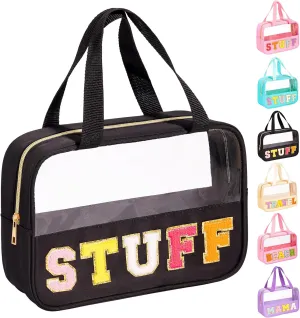 eurovicky Chenille Letter Patch Clear Makeup Bag, Preppy Nylon Makeup Bag with Handle and Zipper, Waterproof Large Clear Travel Toiletry Bag Storage Bag for Women (Elegant Black-STUFF)