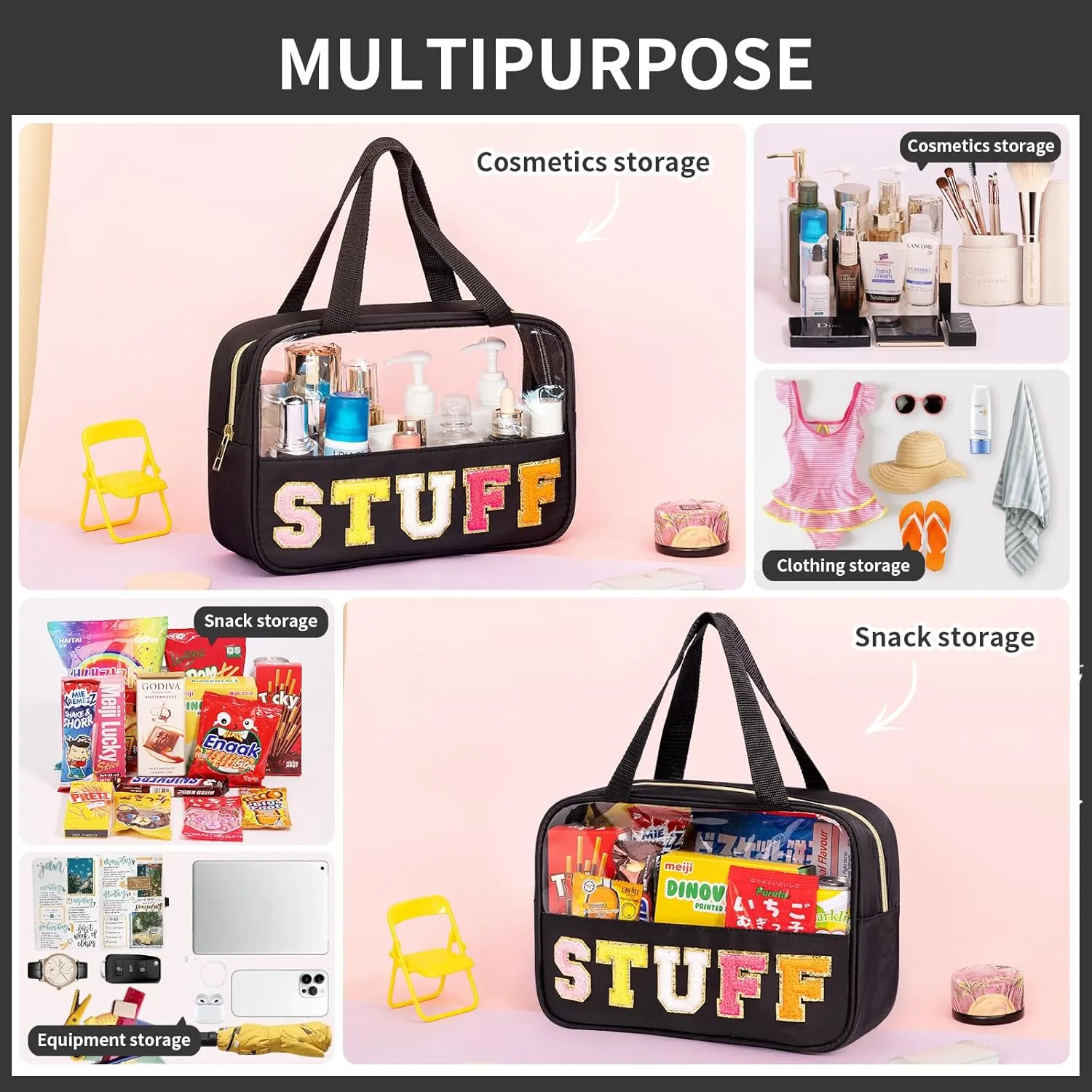 eurovicky Chenille Letter Patch Clear Makeup Bag, Preppy Nylon Makeup Bag with Handle and Zipper, Waterproof Large Clear Travel Toiletry Bag Storage Bag for Women (Elegant Black-STUFF)