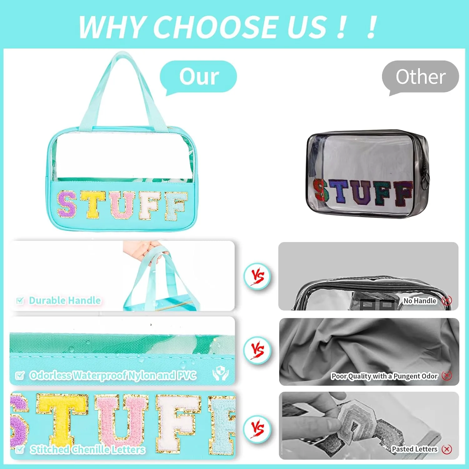 eurovicky Chenille Letter Patch Clear Makeup Bag, Preppy Nylon Makeup Bag with Handle and Zipper, Waterproof Large Clear Travel Toiletry Bag Storage Bag for Women (Mint Green-STUFF)