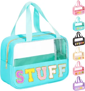 eurovicky Chenille Letter Patch Clear Makeup Bag, Preppy Nylon Makeup Bag with Handle and Zipper, Waterproof Large Clear Travel Toiletry Bag Storage Bag for Women (Mint Green-STUFF)