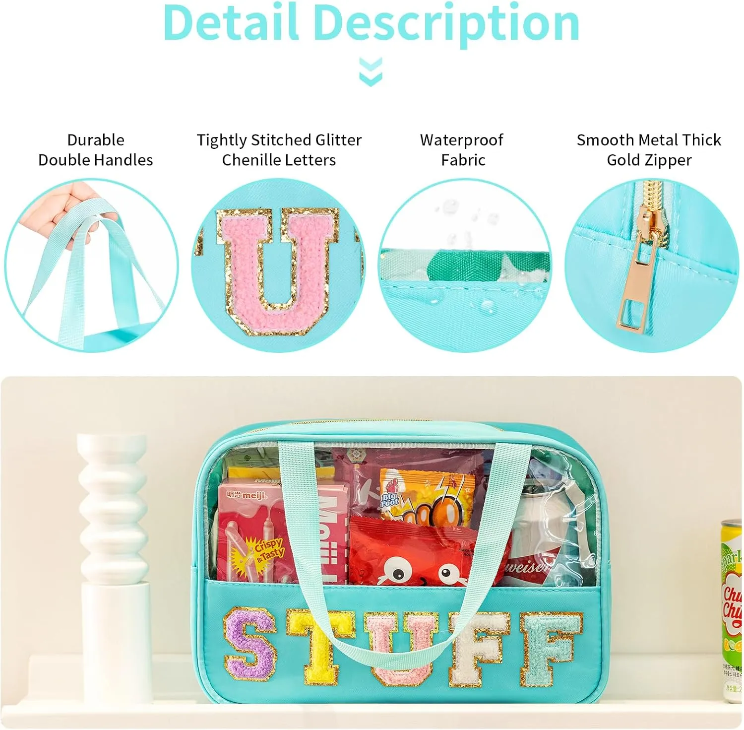 eurovicky Chenille Letter Patch Clear Makeup Bag, Preppy Nylon Makeup Bag with Handle and Zipper, Waterproof Large Clear Travel Toiletry Bag Storage Bag for Women (Mint Green-STUFF)