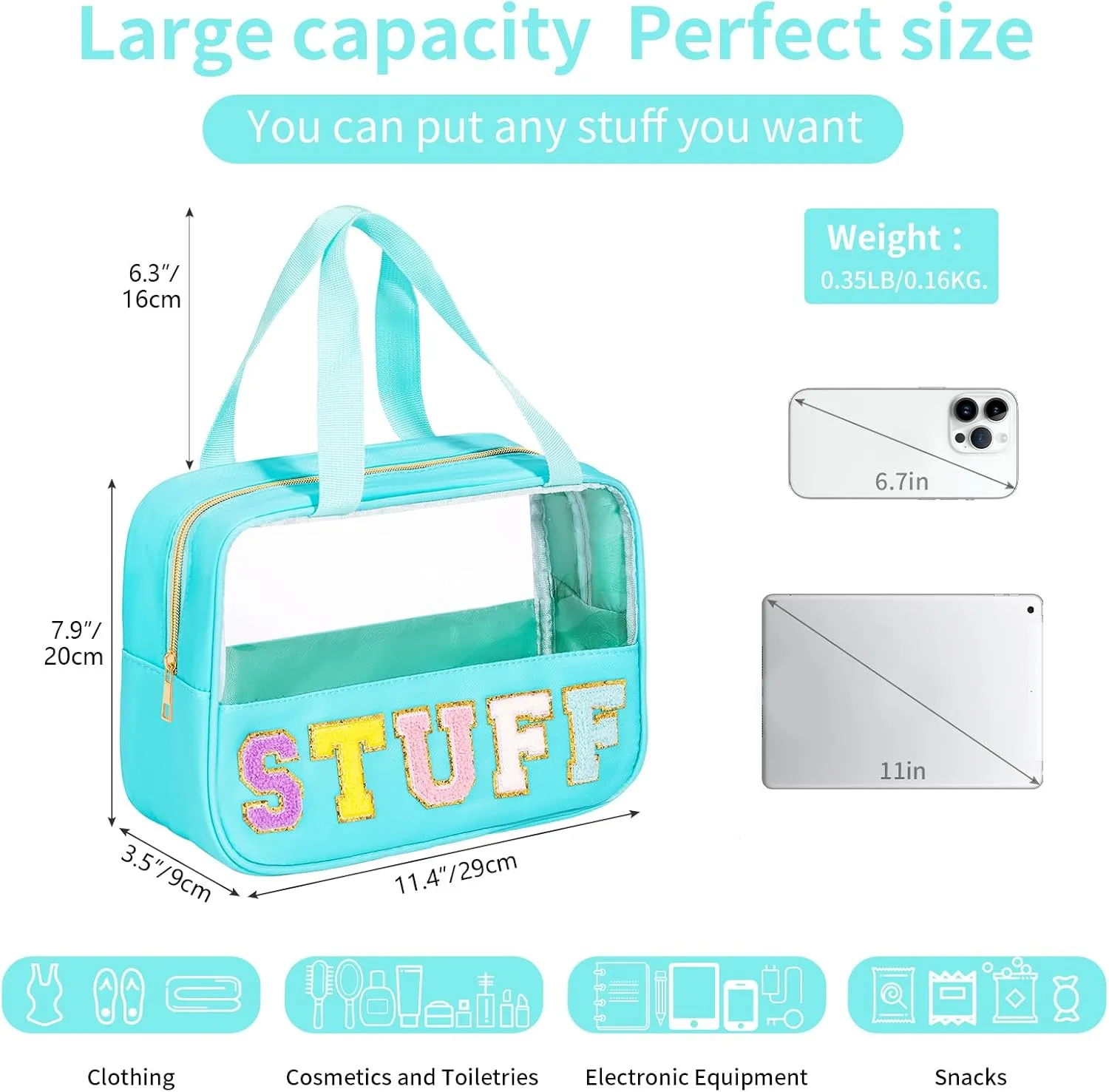 eurovicky Chenille Letter Patch Clear Makeup Bag, Preppy Nylon Makeup Bag with Handle and Zipper, Waterproof Large Clear Travel Toiletry Bag Storage Bag for Women (Mint Green-STUFF)