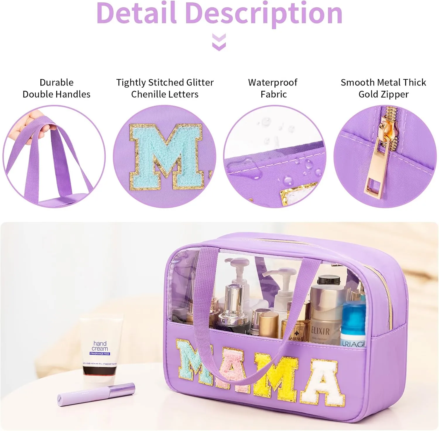 eurovicky Chenille Letter Patch Clear Makeup Bag, Preppy Nylon Makeup Bag with Handle and Zipper, Waterproof Large Clear Travel Toiletry Bag Storage Bag for Women (Romantic Purple-MAMA)