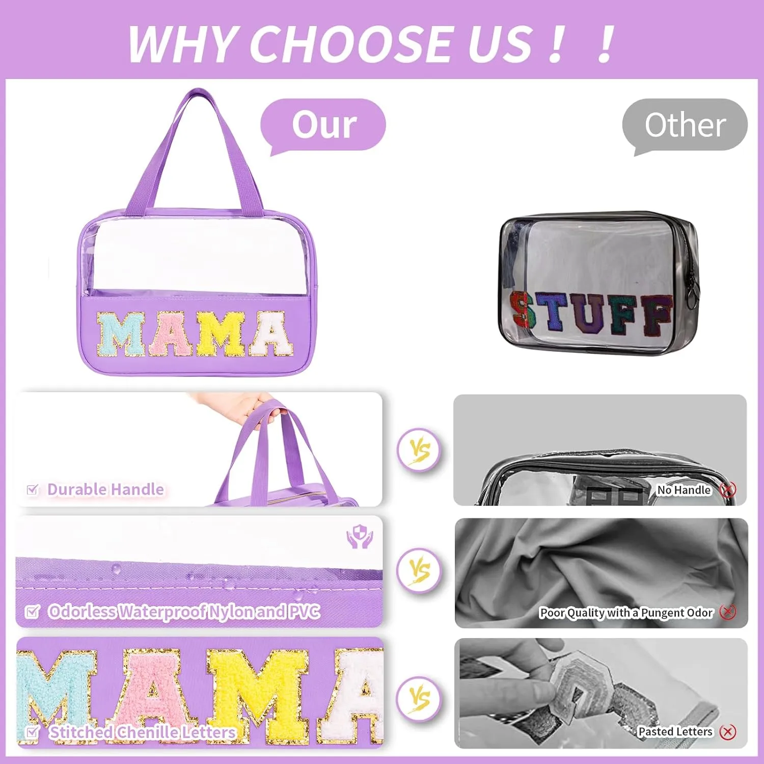 eurovicky Chenille Letter Patch Clear Makeup Bag, Preppy Nylon Makeup Bag with Handle and Zipper, Waterproof Large Clear Travel Toiletry Bag Storage Bag for Women (Romantic Purple-MAMA)