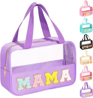 eurovicky Chenille Letter Patch Clear Makeup Bag, Preppy Nylon Makeup Bag with Handle and Zipper, Waterproof Large Clear Travel Toiletry Bag Storage Bag for Women (Romantic Purple-MAMA)