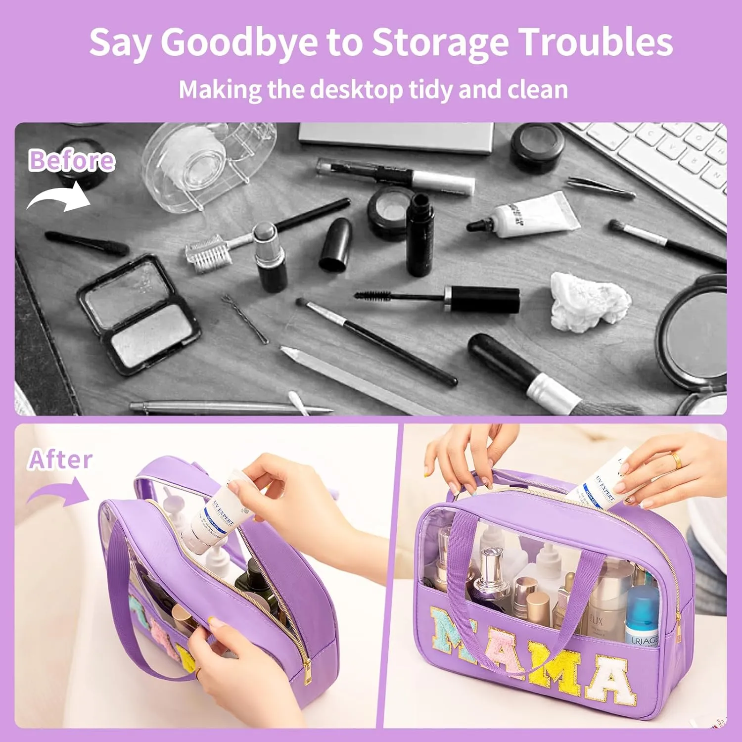 eurovicky Chenille Letter Patch Clear Makeup Bag, Preppy Nylon Makeup Bag with Handle and Zipper, Waterproof Large Clear Travel Toiletry Bag Storage Bag for Women (Romantic Purple-MAMA)