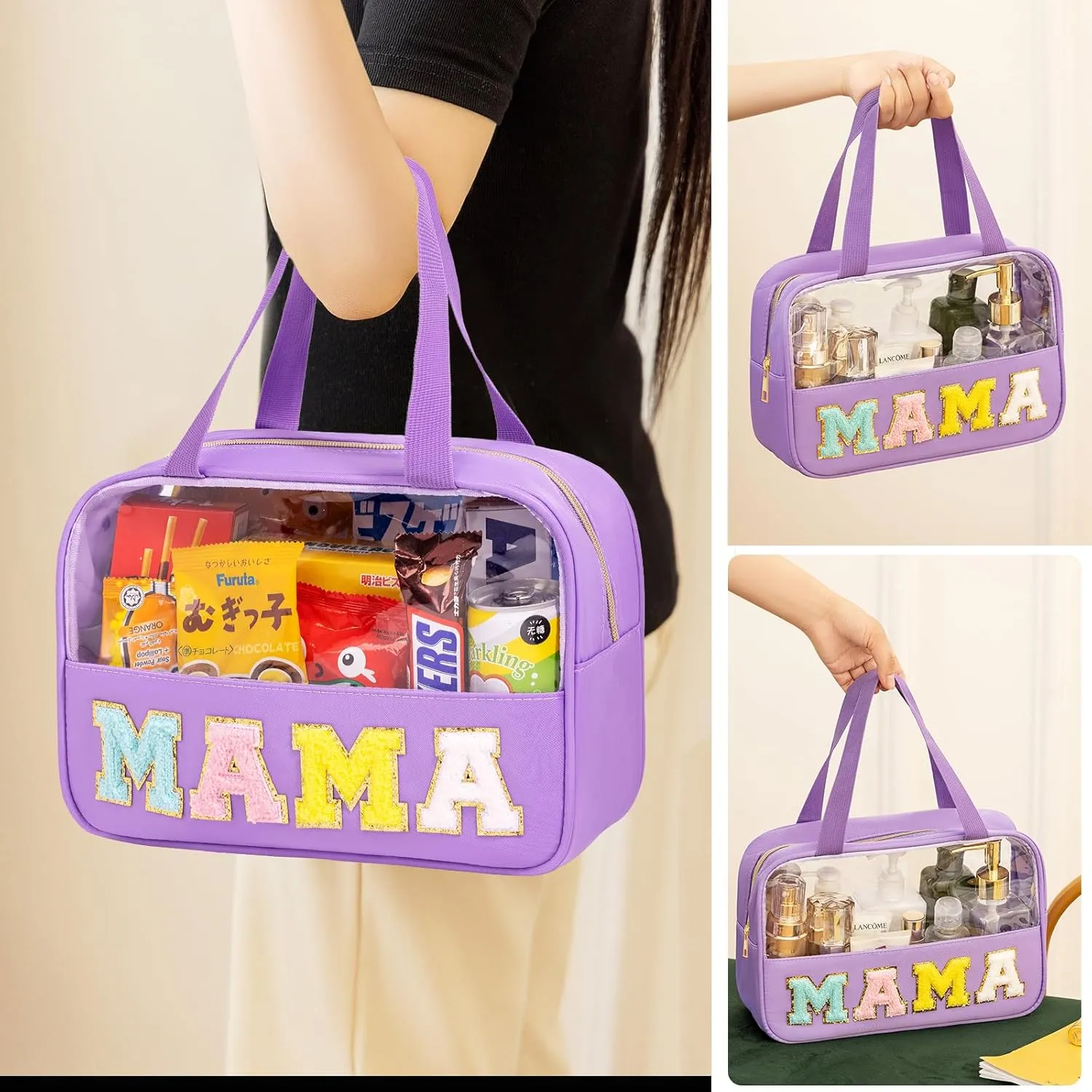 eurovicky Chenille Letter Patch Clear Makeup Bag, Preppy Nylon Makeup Bag with Handle and Zipper, Waterproof Large Clear Travel Toiletry Bag Storage Bag for Women (Romantic Purple-MAMA)