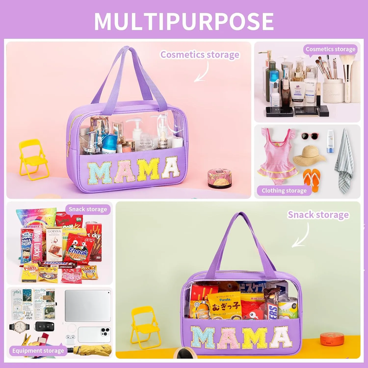 eurovicky Chenille Letter Patch Clear Makeup Bag, Preppy Nylon Makeup Bag with Handle and Zipper, Waterproof Large Clear Travel Toiletry Bag Storage Bag for Women (Romantic Purple-MAMA)