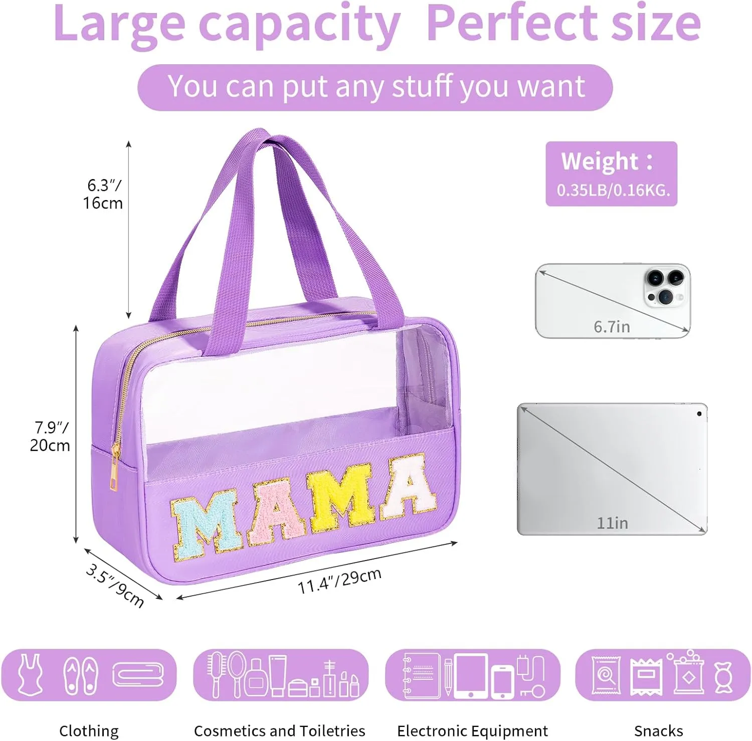 eurovicky Chenille Letter Patch Clear Makeup Bag, Preppy Nylon Makeup Bag with Handle and Zipper, Waterproof Large Clear Travel Toiletry Bag Storage Bag for Women (Romantic Purple-MAMA)