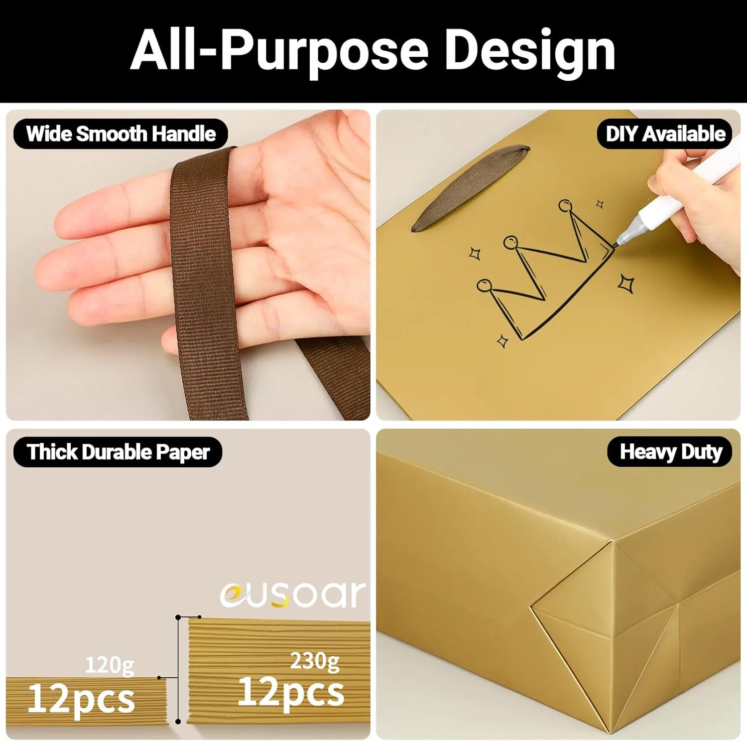 EUSOAR Gift Bags, 12pcs Champagne Gold, 10.6"x3.1"x8.3", Multiple Occasions