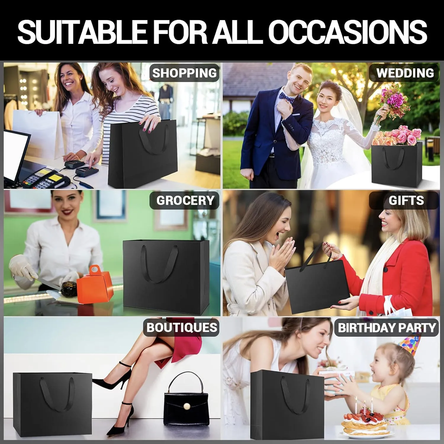 EUSOAR Large Gift Wrap Bags Bulk, 50 Pack 12.5x4.5x11 inches Black Paper Bags with Handles, Heavy Duty Totes for Wedding, Grocery, Boutique, Retail, Business, Party Favors, Baby Showers, Birthdays
