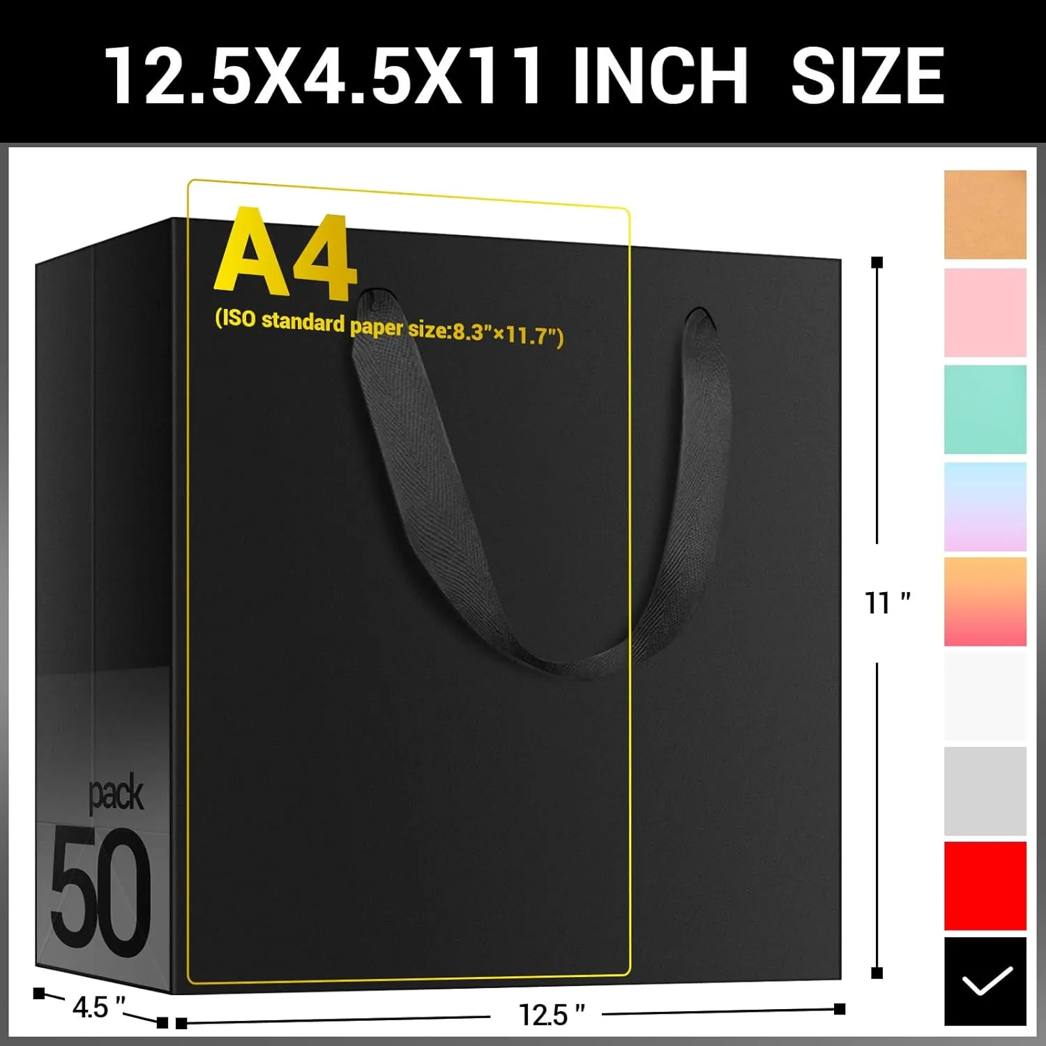 EUSOAR Large Gift Wrap Bags Bulk, 50 Pack 12.5x4.5x11 inches Black Paper Bags with Handles, Heavy Duty Totes for Wedding, Grocery, Boutique, Retail, Business, Party Favors, Baby Showers, Birthdays
