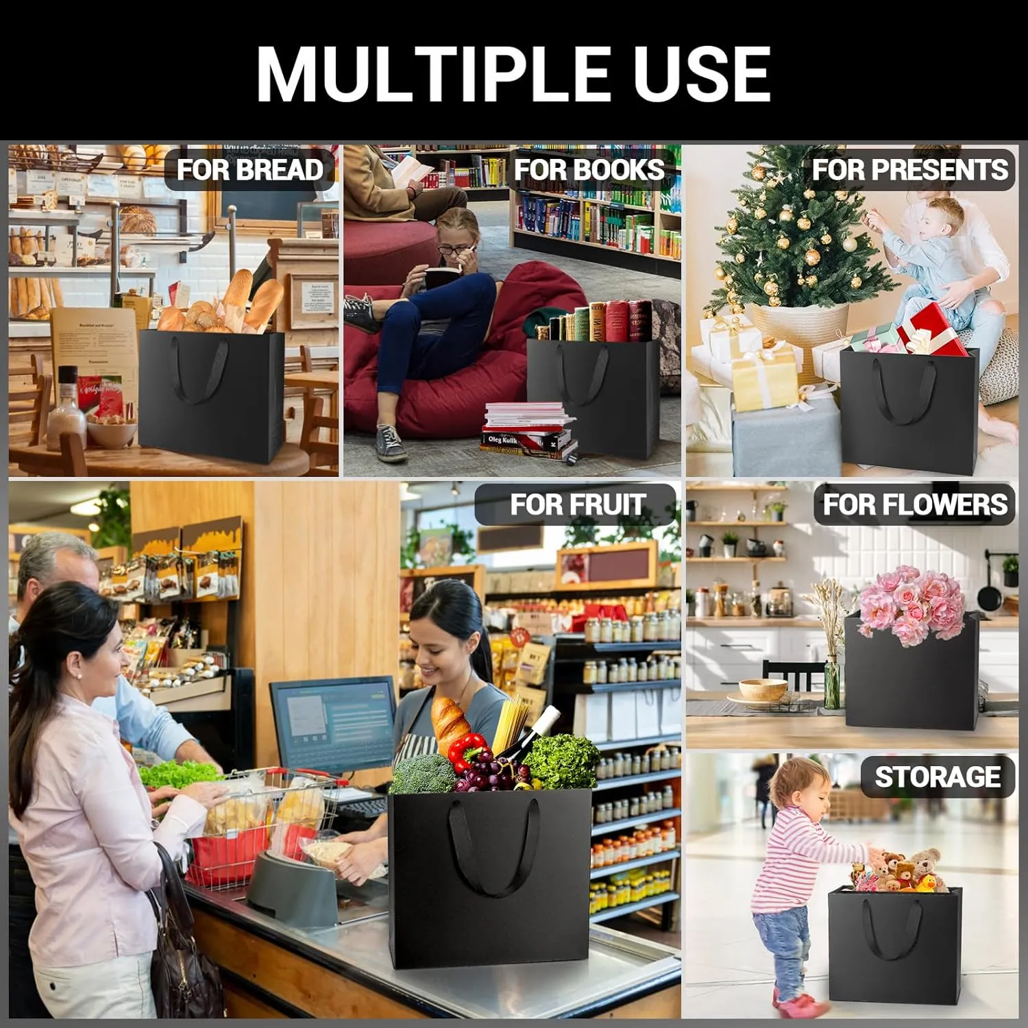 EUSOAR Large Gift Wrap Bags Bulk, 50 Pack 12.5x4.5x11 inches Black Paper Bags with Handles, Heavy Duty Totes for Wedding, Grocery, Boutique, Retail, Business, Party Favors, Baby Showers, Birthdays