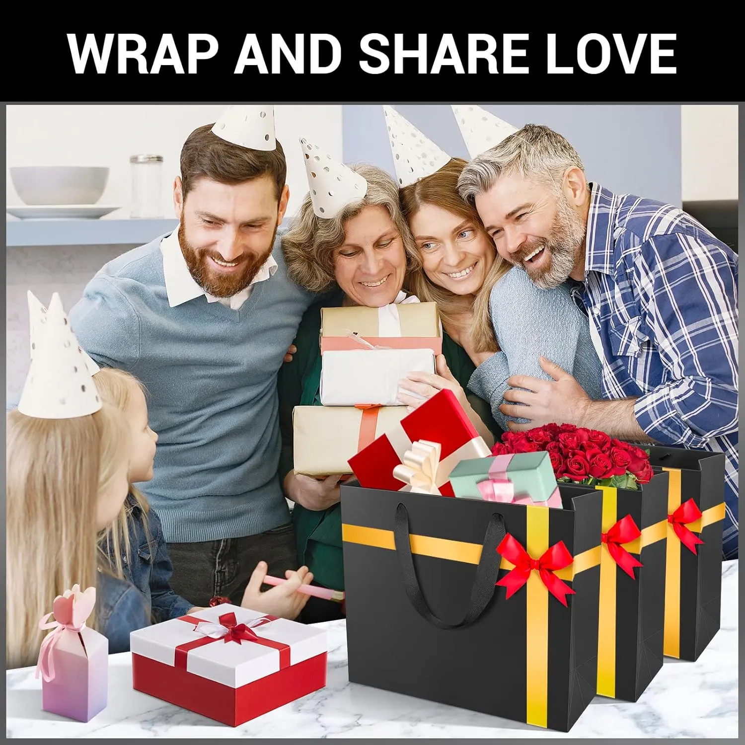 EUSOAR Large Gift Wrap Bags Bulk, 50 Pack 12.5x4.5x11 inches Black Paper Bags with Handles, Heavy Duty Totes for Wedding, Grocery, Boutique, Retail, Business, Party Favors, Baby Showers, Birthdays
