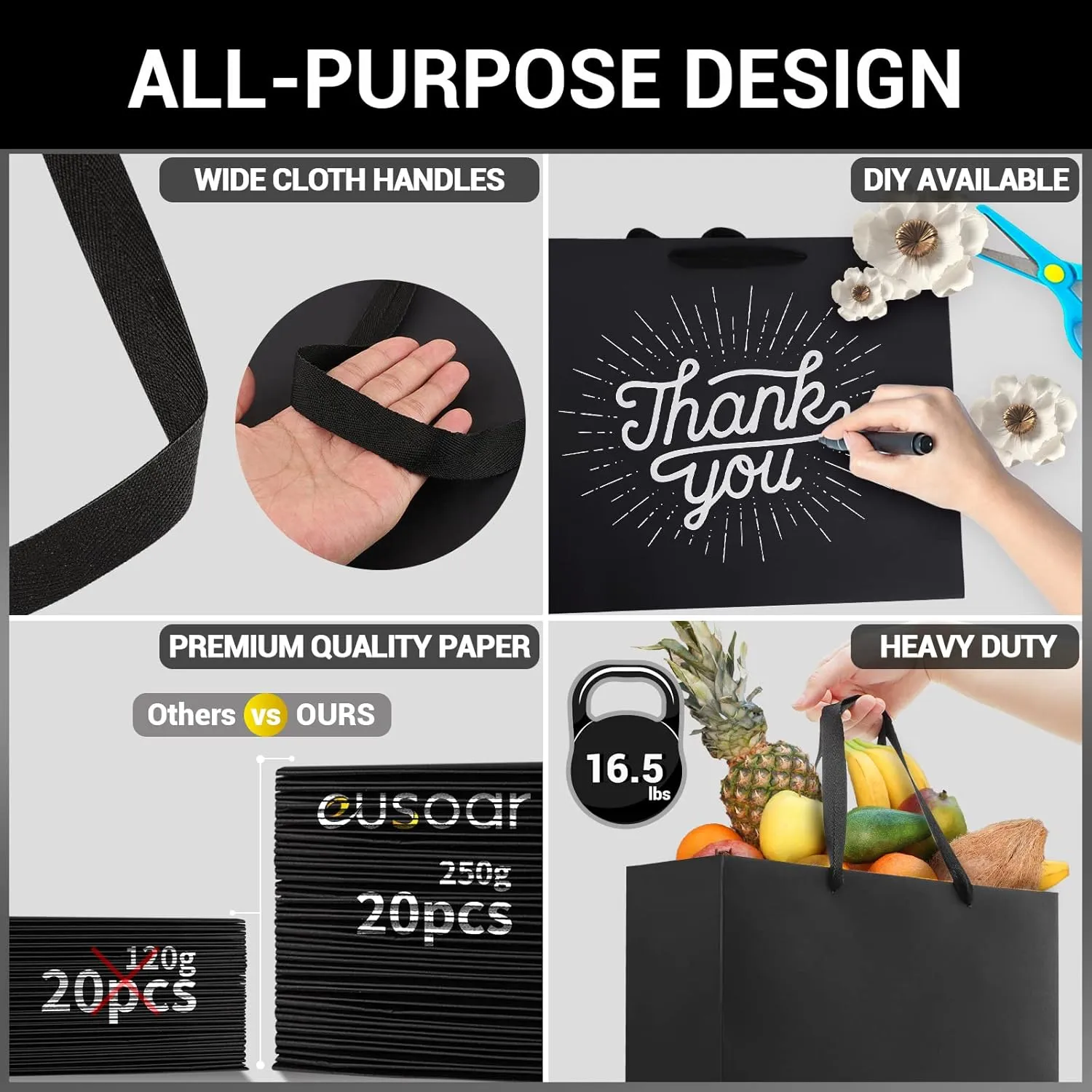 EUSOAR Large Gift Wrap Bags Bulk, 50 Pack 12.5x4.5x11 inches Black Paper Bags with Handles, Heavy Duty Totes for Wedding, Grocery, Boutique, Retail, Business, Party Favors, Baby Showers, Birthdays