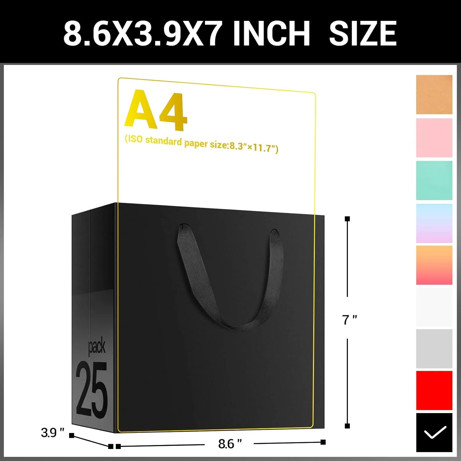 EUSOAR Small Size Gift Wrap Bags, 25 Pack 8.6x3.9x7 inches Black Paper Heavy Duty Bags with Handles in Bulk, for Business, Grocery, Boutique, Retail, Wedding, Party Favors, Baby Showers, Birthdays
