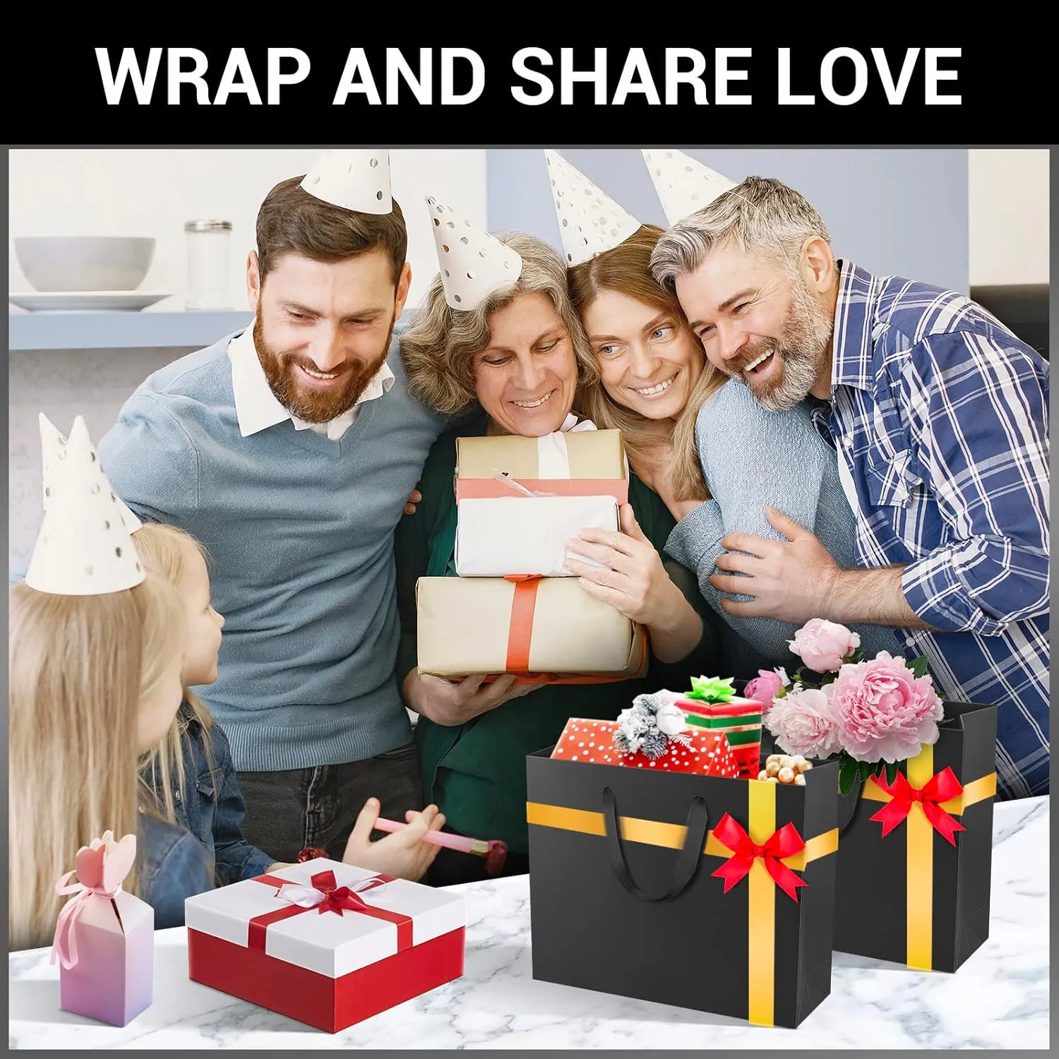 EUSOAR Small Size Gift Wrap Bags, 25 Pack 8.6x3.9x7 inches Black Paper Heavy Duty Bags with Handles in Bulk, for Business, Grocery, Boutique, Retail, Wedding, Party Favors, Baby Showers, Birthdays