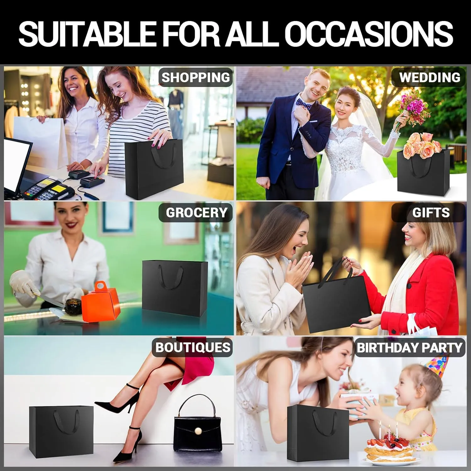 EUSOAR Small Size Gift Wrap Bags, 25 Pack 8.6x3.9x7 inches Black Paper Heavy Duty Bags with Handles in Bulk, for Business, Grocery, Boutique, Retail, Wedding, Party Favors, Baby Showers, Birthdays