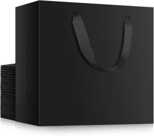 EUSOAR Small Size Gift Wrap Bags, 25 Pack 8.6x3.9x7 inches Black Paper Heavy Duty Bags with Handles in Bulk, for Business, Grocery, Boutique, Retail, Wedding, Party Favors, Baby Showers, Birthdays