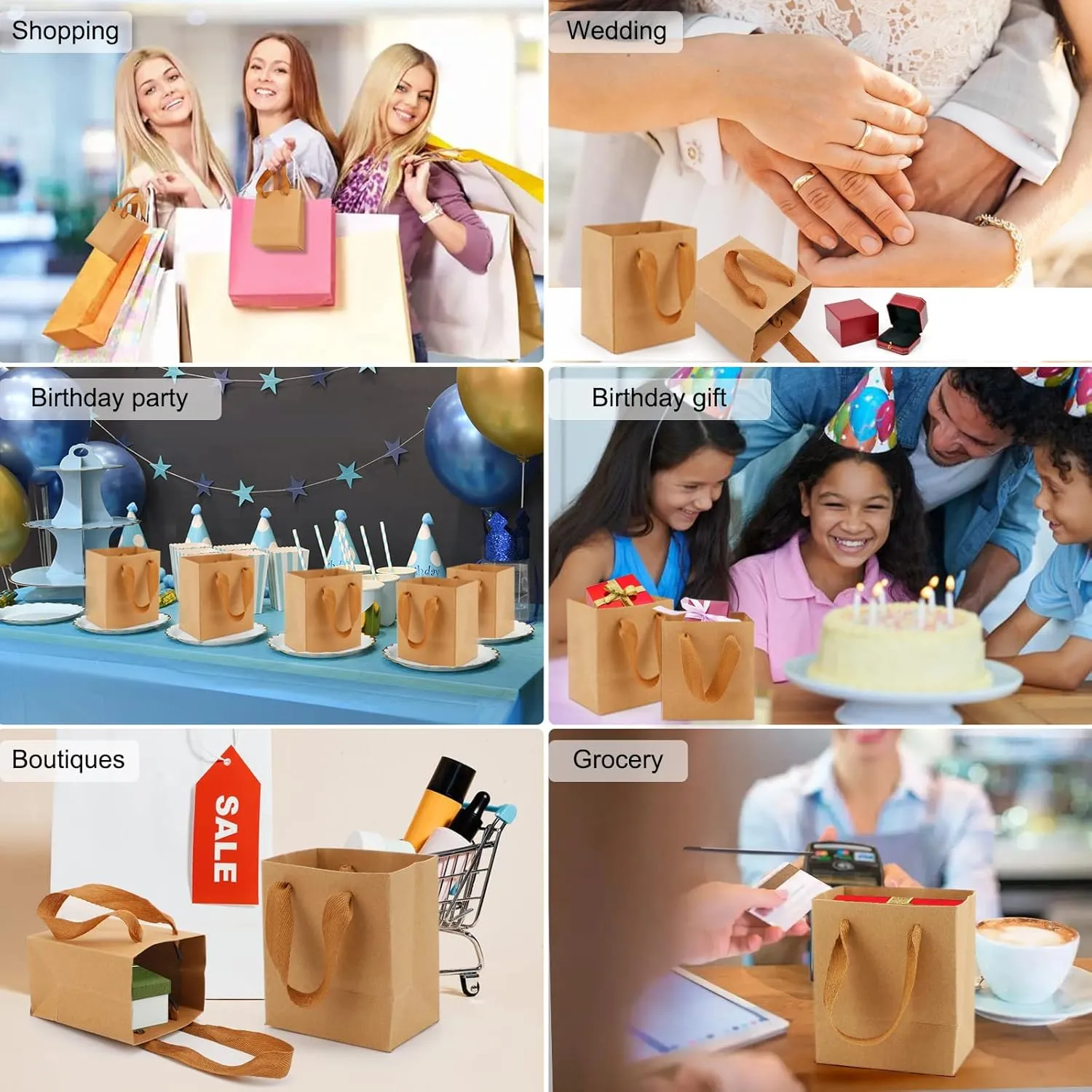 EUSOAR Tiny Gift Wrap Bags in Bulk, 20 Pack 4x2.75x4.5 inches Kraft Paper Bags with Handles, Heavy Duty Totes for Wedding, Grocery, Boutique, Retail, Business, Birthdays