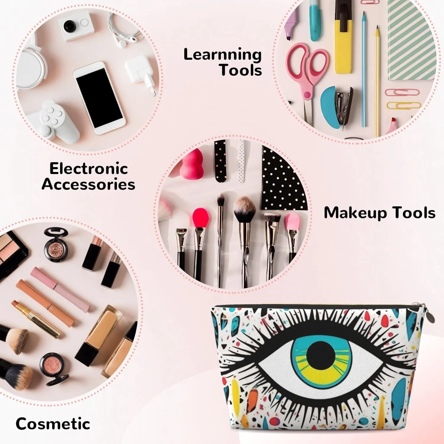 Evil Eyes Cute Print Leather Toiletry Bag - Portable Makeup Pouch For Women With Zipper, Travel Cosmetic Bags 7x2.4x5in