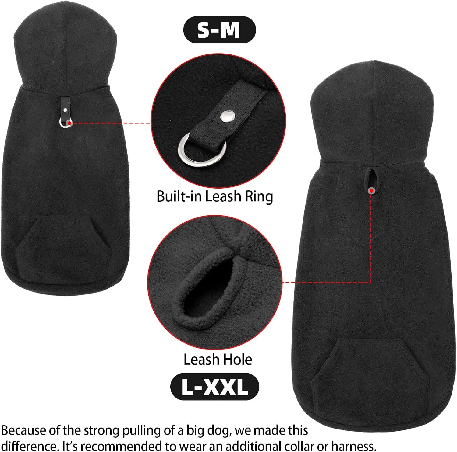 EXPAWLORER Dog Hoodie with Pocket, Polar Fleece Dog Sweatshirt Fall Cold Winter Sleeveless Sweater with Hood, Warm Cozy Pet Clothes for Small to Large Dogs Boys and Girls (Black, XL)