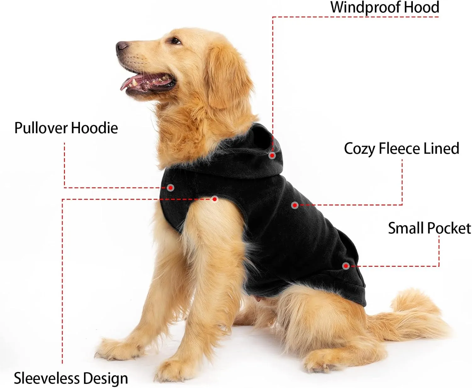 EXPAWLORER Dog Hoodie with Pocket, Polar Fleece Dog Sweatshirt Fall Cold Winter Sleeveless Sweater with Hood, Warm Cozy Pet Clothes for Small to Large Dogs Boys and Girls (Black, XL)
