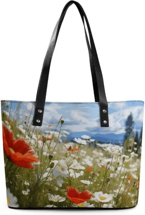 Exquisite Leather Lady's Handbag, Meadow And Daisy Flowers Printed Handbag Lychee Patterned Leather Handbag Suitable for Women for Travel, Fitness, And Commuting
