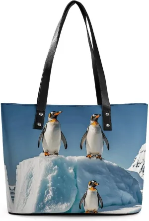 Exquisite Leather Lady's Handbag, Penguins On The Iceberg Printed Handbag Lychee Patterned Leather Handbag Suitable for Women for Travel, Fitness, And Commuting