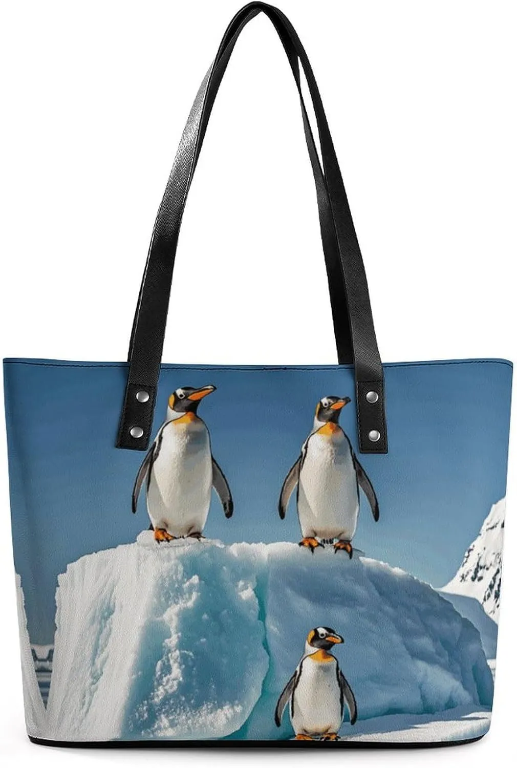 Exquisite Leather Lady's Handbag, Penguins On The Iceberg Printed Handbag Lychee Patterned Leather Handbag Suitable for Women for Travel, Fitness, And Commuting
