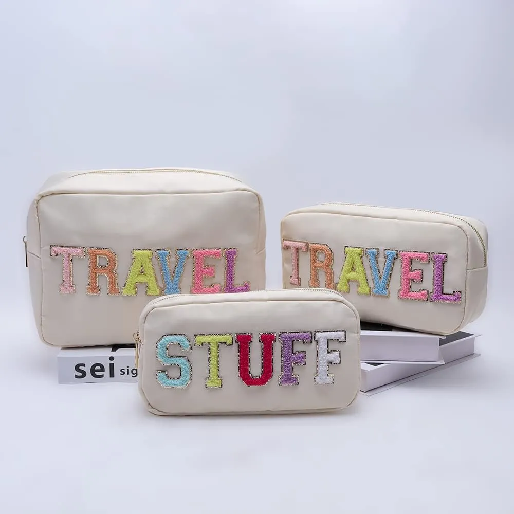 Extral Large Makeup Bag Travel Essentials Cosmetic Pouch Bag for Women Travel Toiletry Bag for Men Nylon Beauty Bag With Zipper Pocket (Beige)