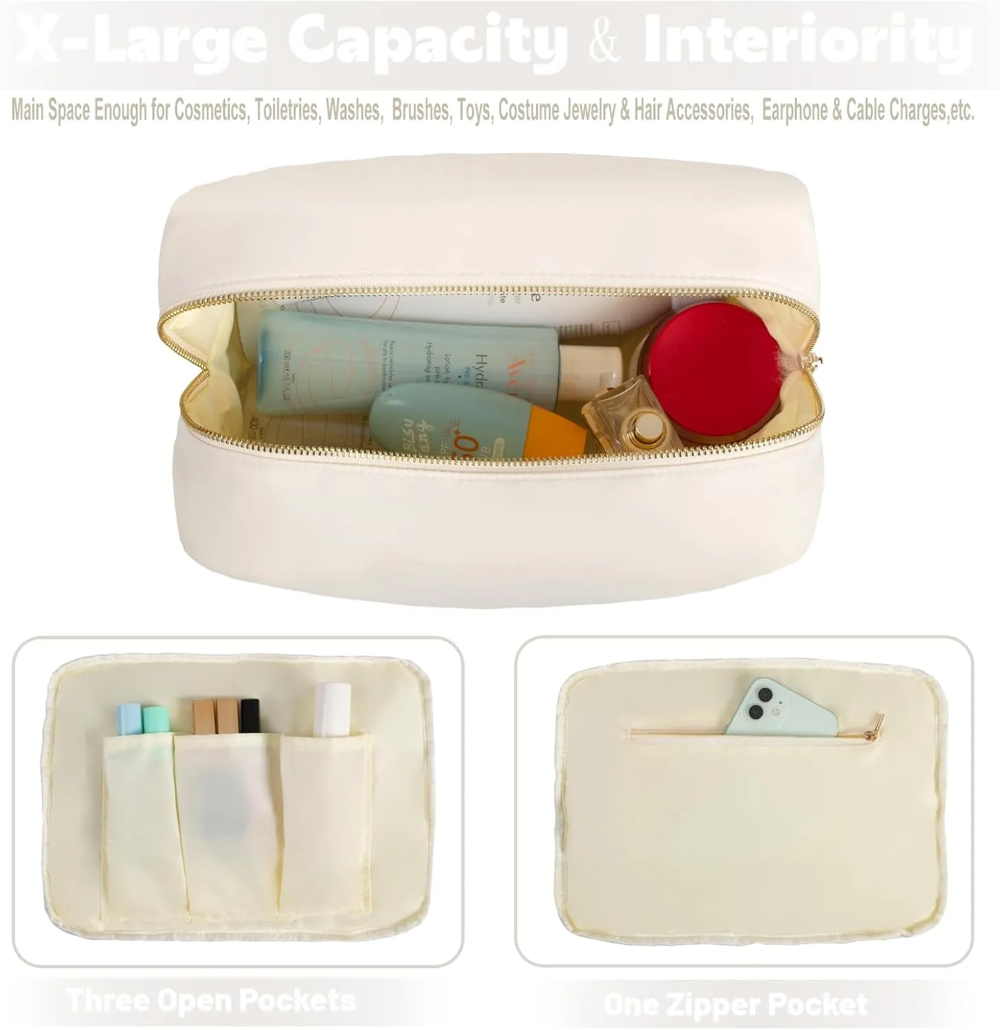 Extral Large Makeup Bag Travel Essentials Cosmetic Pouch Bag for Women Travel Toiletry Bag for Men Nylon Beauty Bag With Zipper Pocket (Beige)