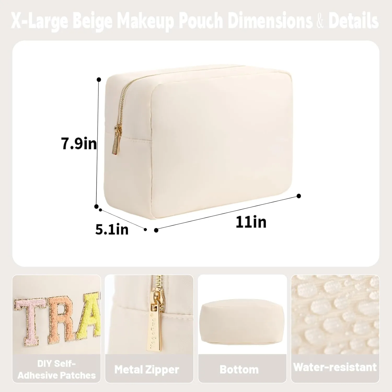 Extral Large Makeup Bag Travel Essentials Cosmetic Pouch Bag for Women Travel Toiletry Bag for Men Nylon Beauty Bag With Zipper Pocket (Beige)
