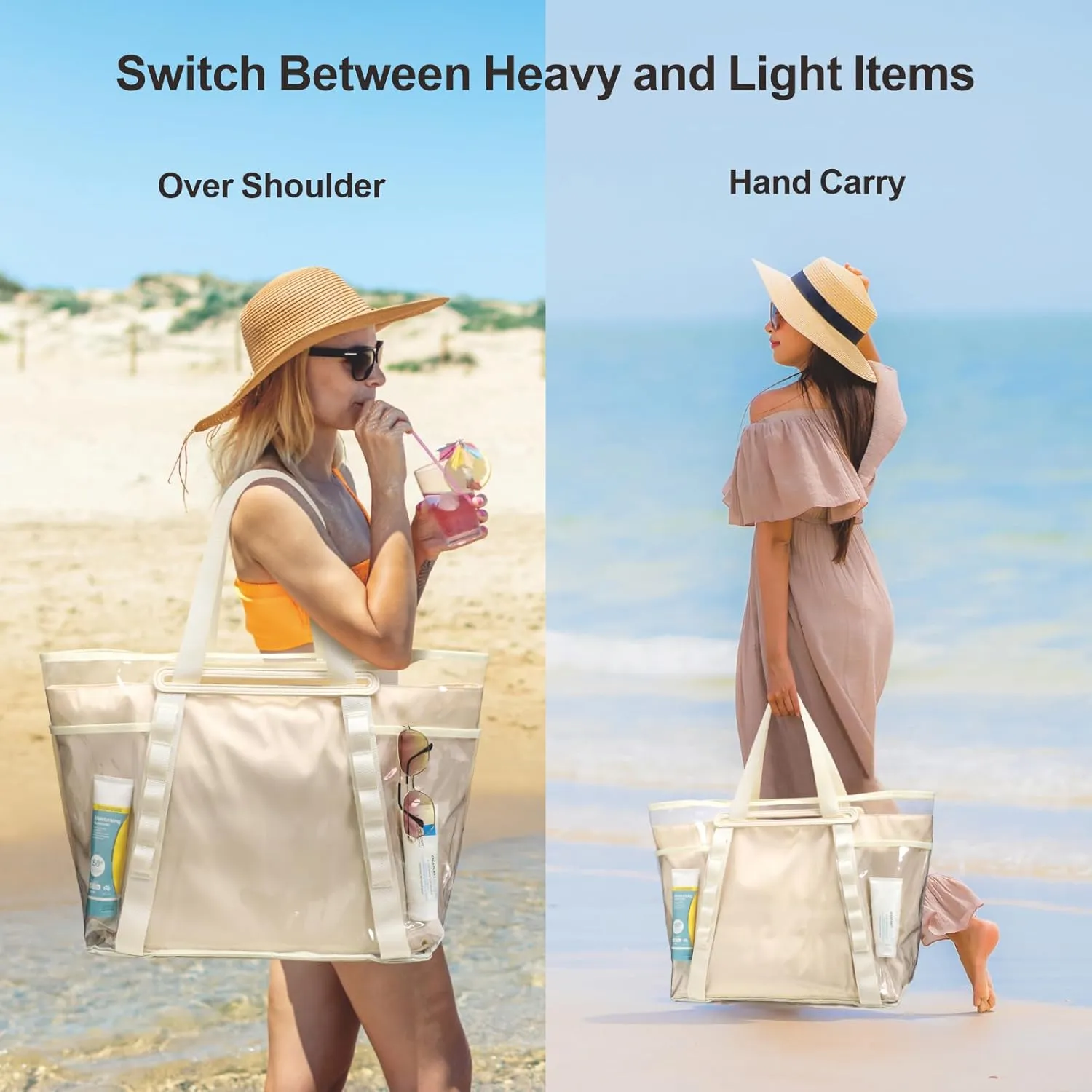 F-color Waterproof Beach Bags for Women - Machine Washable Travel Tote Bag with Zipper Cruise Swim Vacation Essentials