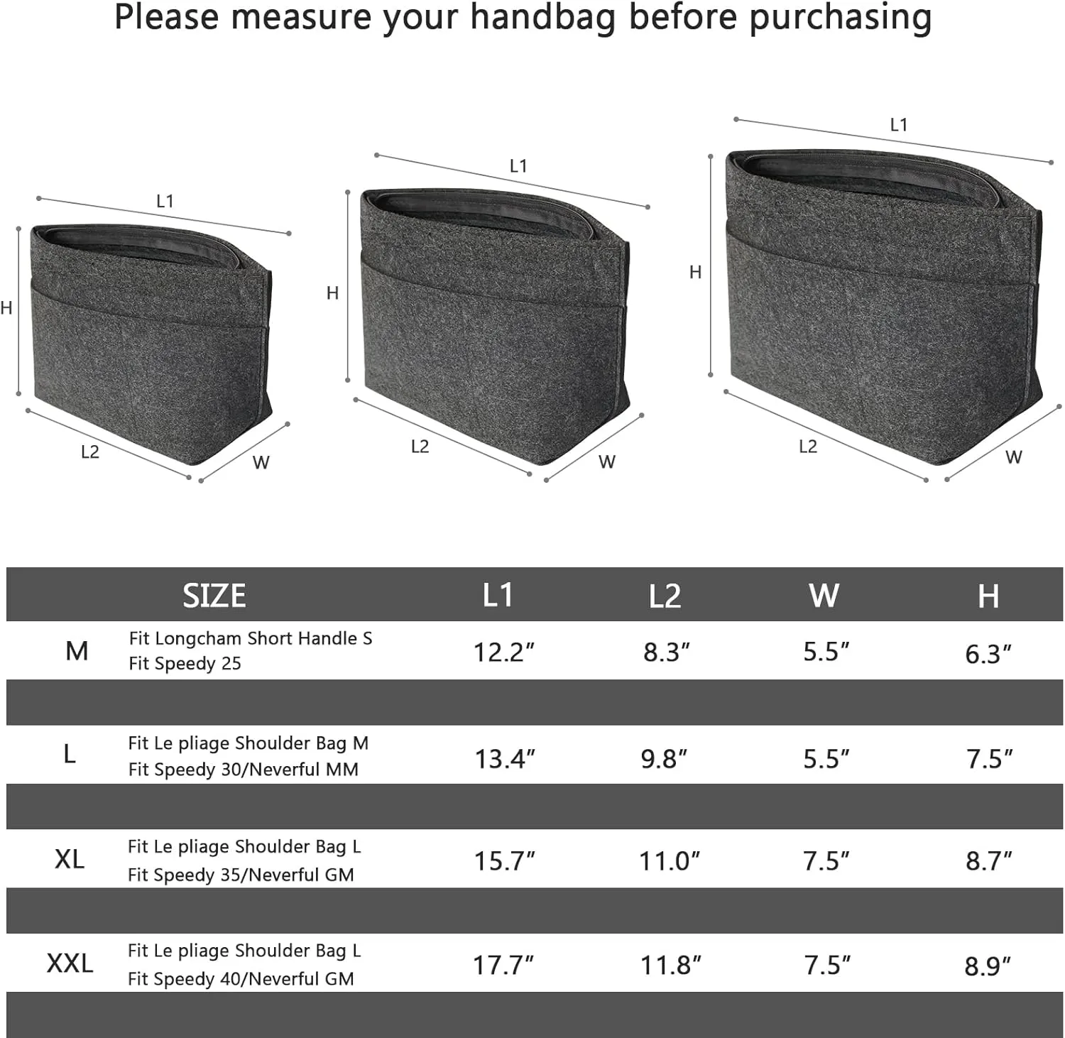 Felt Purse Organizer Insert Bag Organizer for Handbag, Tote Organizer for Women Purse Tote Purse Organizer Inside Bag Liner, Gray L