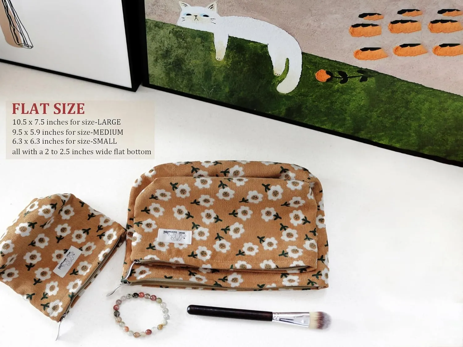 Floral Makeup Bag Set 3 Cosmetic Toiletry Organizer Zipper Pouch for Purse Tote, Women Girls Gift, Large Medium Small, Kihaki Brown Corduroy