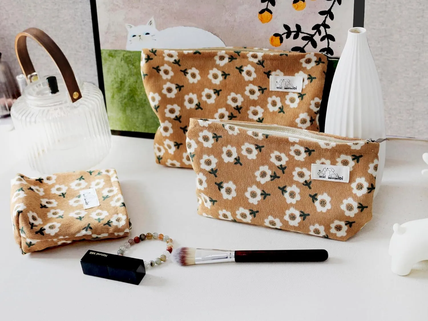 Floral Makeup Bag Set 3 Cosmetic Toiletry Organizer Zipper Pouch for Purse Tote, Women Girls Gift, Large Medium Small, Kihaki Brown Corduroy