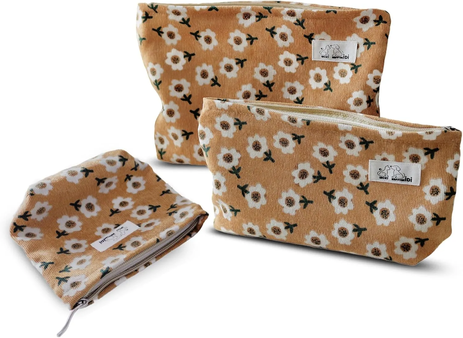 Floral Makeup Bag Set 3 Cosmetic Toiletry Organizer Zipper Pouch for Purse Tote, Women Girls Gift, Large Medium Small, Kihaki Brown Corduroy