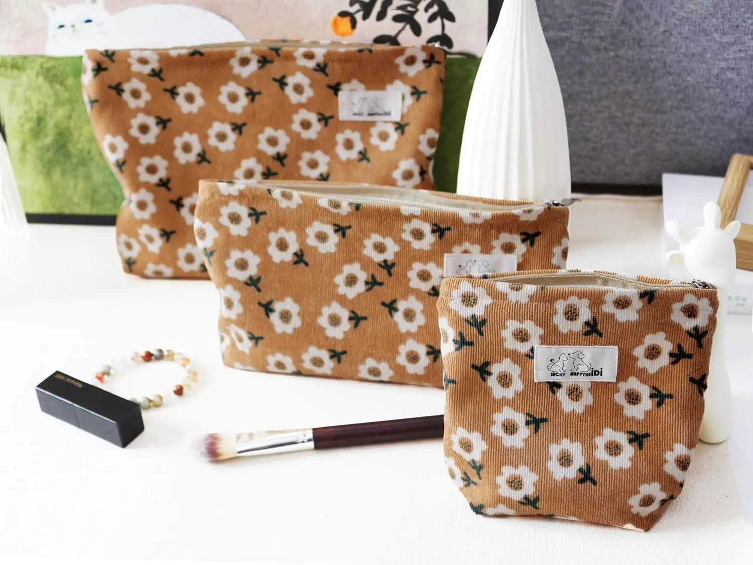 Floral Makeup Bag Set 3 Cosmetic Toiletry Organizer Zipper Pouch for Purse Tote, Women Girls Gift, Large Medium Small, Kihaki Brown Corduroy