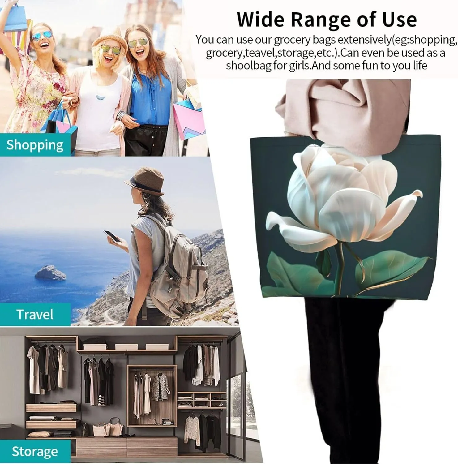 Flower Print Shoulder Bag For Women Shopping Bags Tote Bag Large Storage Handbag Grocery Bags For Travel Work