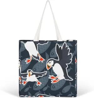 Flying Atlantic Puffin Canvas Handbags for Women Funny Tote Bag Reusable Shopping Grocery Bag