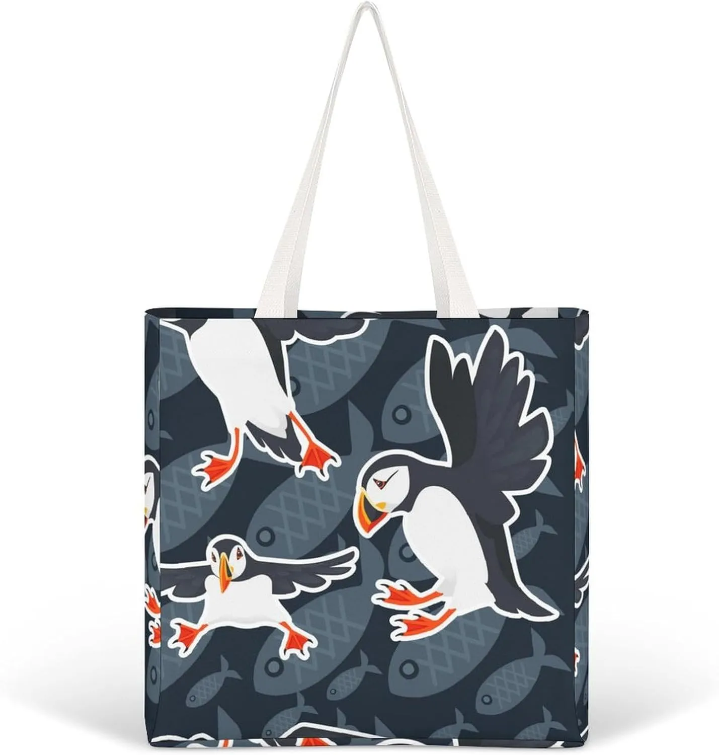 Flying Atlantic Puffin Canvas Handbags for Women Funny Tote Bag Reusable Shopping Grocery Bag