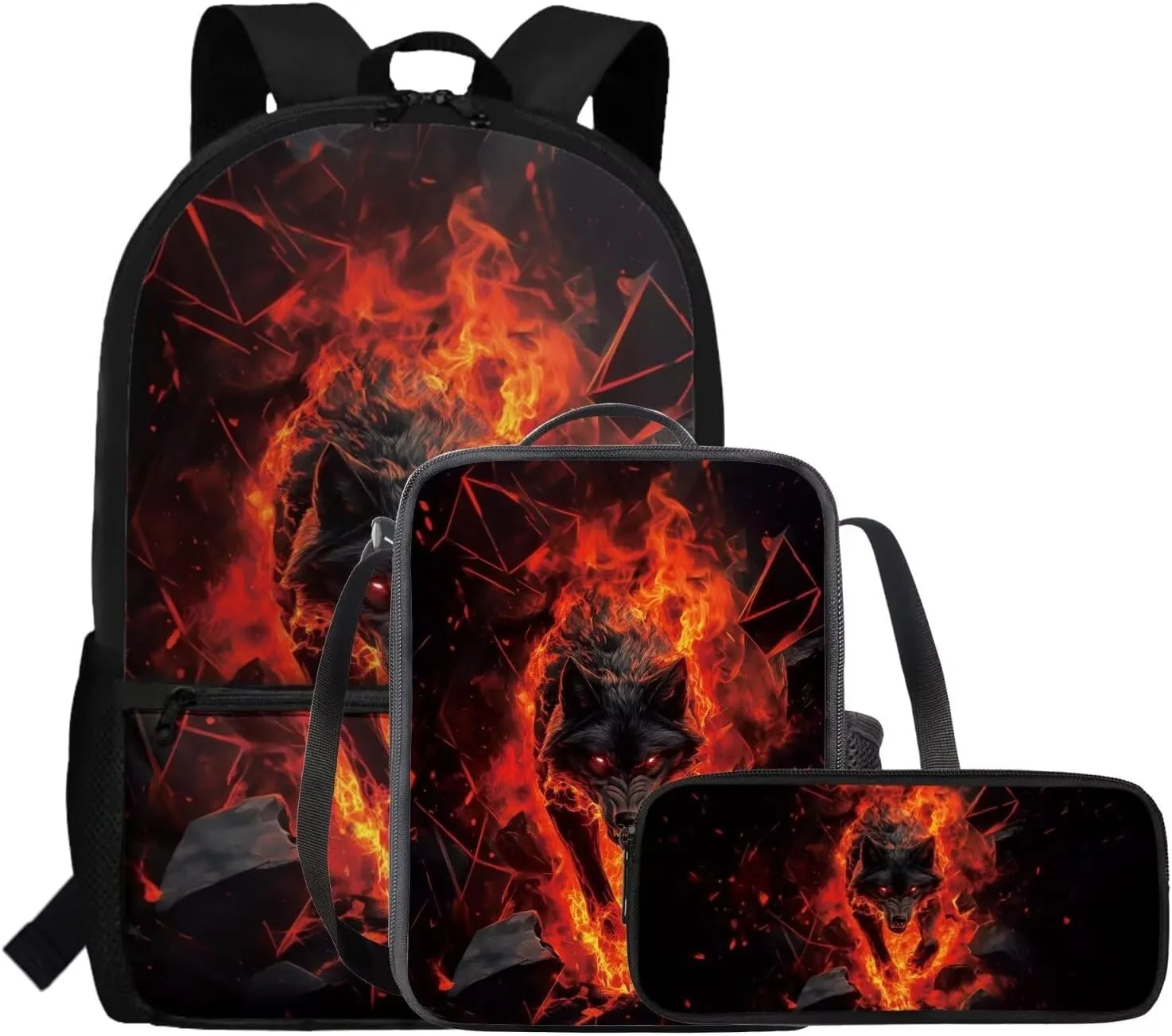 FOR U DESIGNS Wolf Backpack for Kids Large Capacity Girl School Bags for Girls Ages 8-12 Lightweight Bookbag for Middle School Girls 17 Inch Book Bag and Lunch Box Set 3 Piece School Supplies