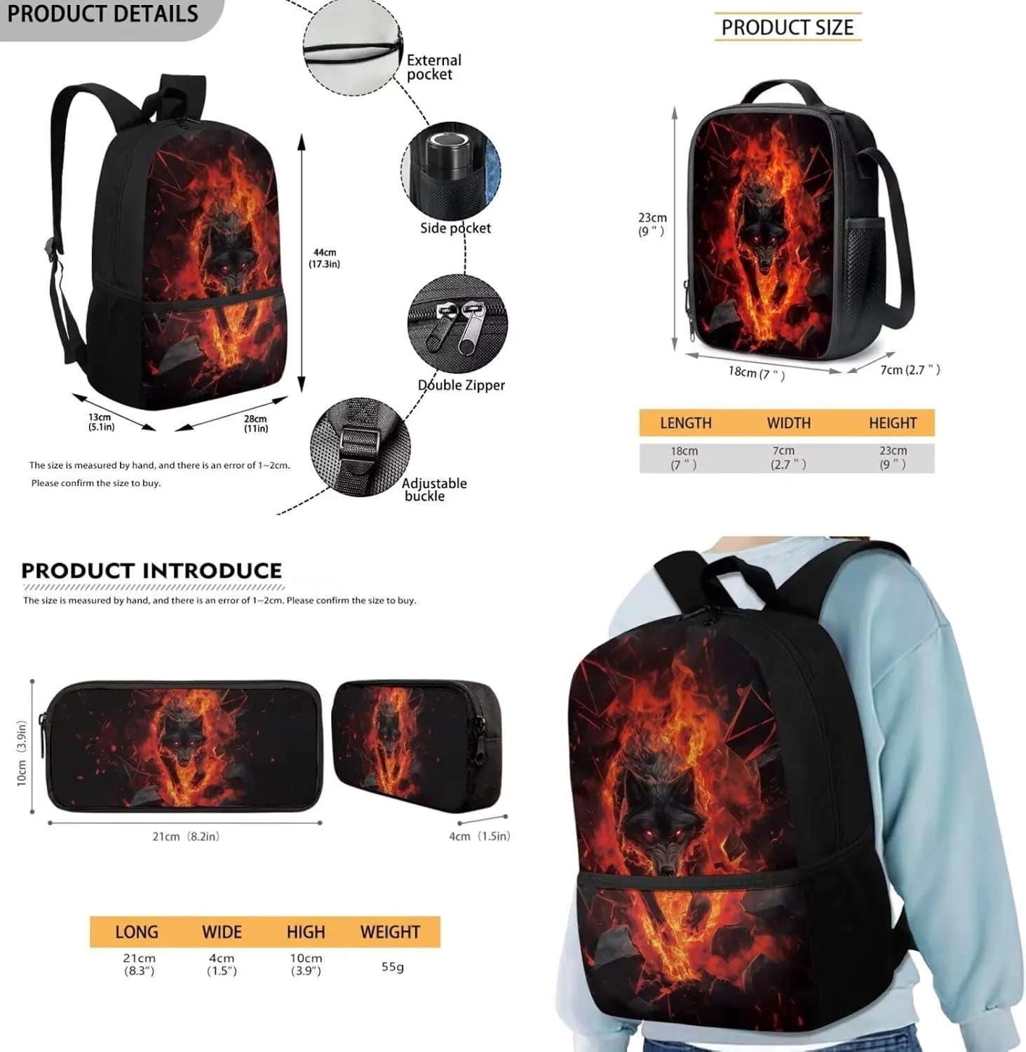 FOR U DESIGNS Wolf Backpack for Kids Large Capacity Girl School Bags for Girls Ages 8-12 Lightweight Bookbag for Middle School Girls 17 Inch Book Bag and Lunch Box Set 3 Piece School Supplies