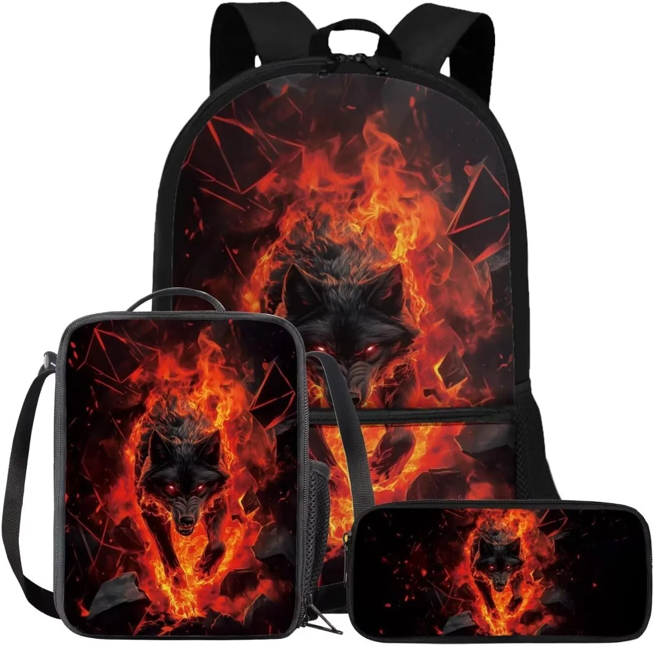 FOR U DESIGNS Wolf Backpack for Kids Large Capacity Girl School Bags for Girls Ages 8-12 Lightweight Bookbag for Middle School Girls 17 Inch Book Bag and Lunch Box Set 3 Piece School Supplies