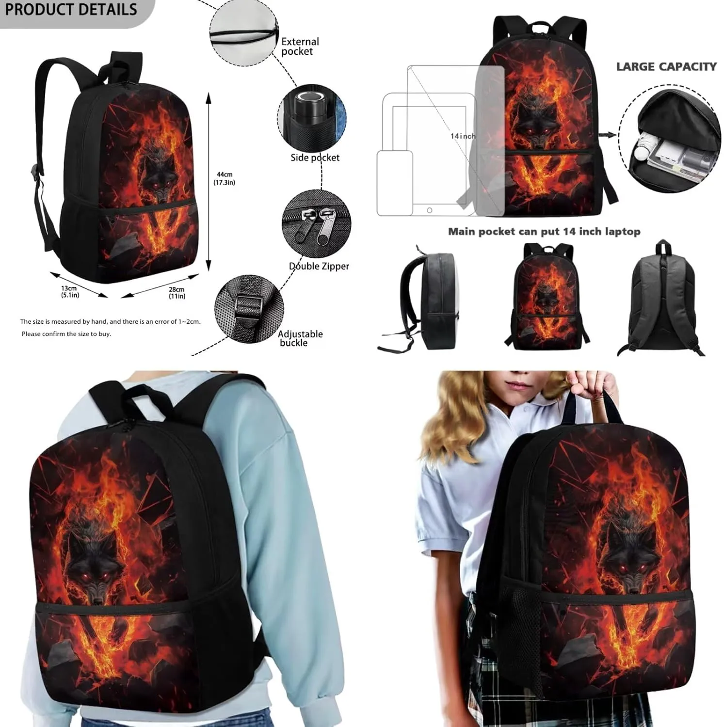 FOR U DESIGNS Wolf Backpack for Kids Large Capacity Girl School Bags for Girls Ages 8-12 Lightweight Bookbag for Middle School Girls 17 Inch Book Bag and Lunch Box Set 3 Piece School Supplies