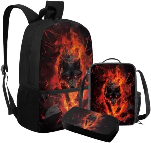 FOR U DESIGNS Wolf Backpack for Kids Large Capacity Girl School Bags for Girls Ages 8-12 Lightweight Bookbag for Middle School Girls 17 Inch Book Bag and Lunch Box Set 3 Piece School Supplies