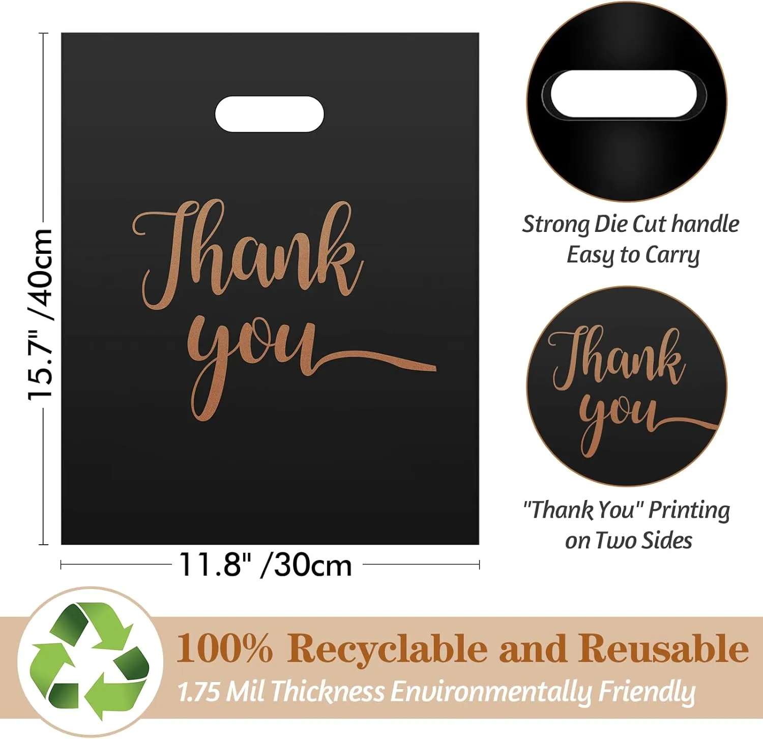 FOTN 100 Pcs Thank You Shopping Bags for Birthday Party Wedding, 1.57 Mil Thick 12x16In Gift Bag, Plastic Merchandise With Handle for Stores Clothes